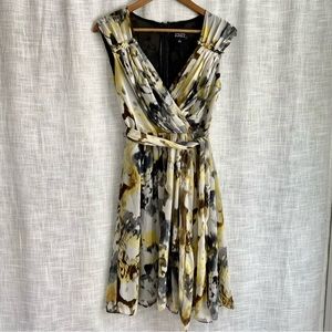 Adrianna Papell Pleated Chiffon Abstract Print Yellow Dress
